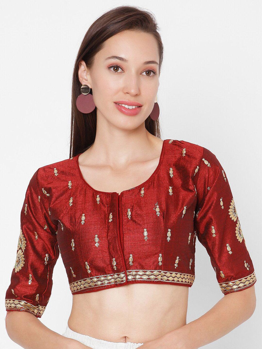 salwar studio women maroon & gold-coloured embroidered saree blouse