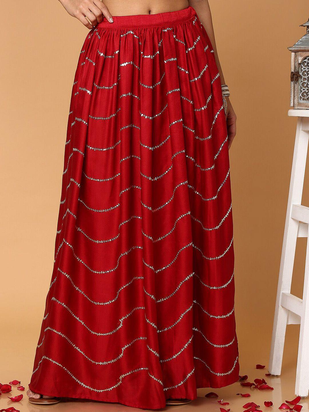 salwar studio women maroon embellished flared maxi skirt