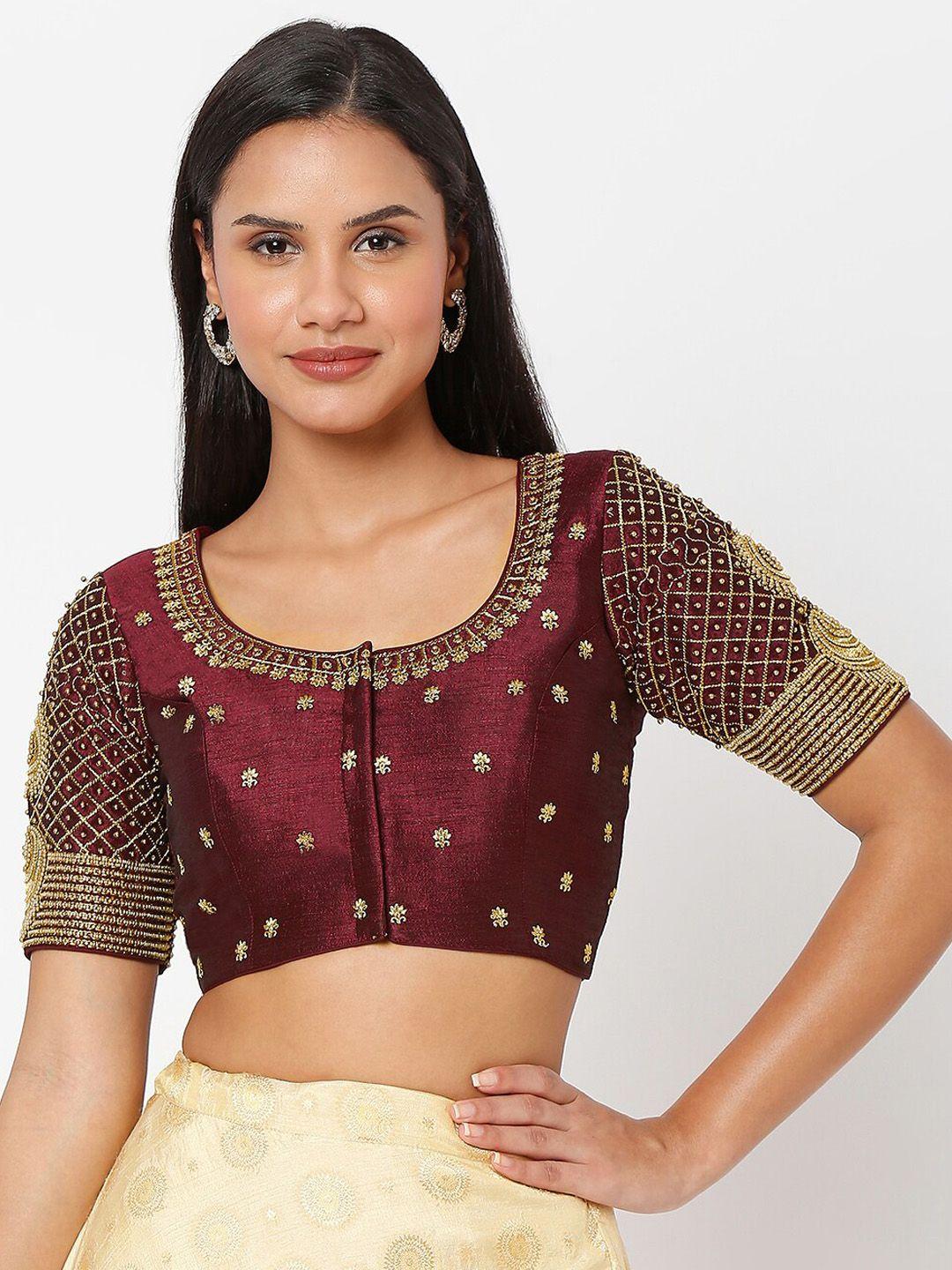 salwar studio women maroon embroidered readymade saree blouse