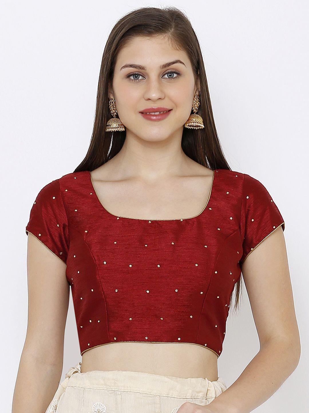 salwar studio women maroon solid dupion silk readymade saree blouse