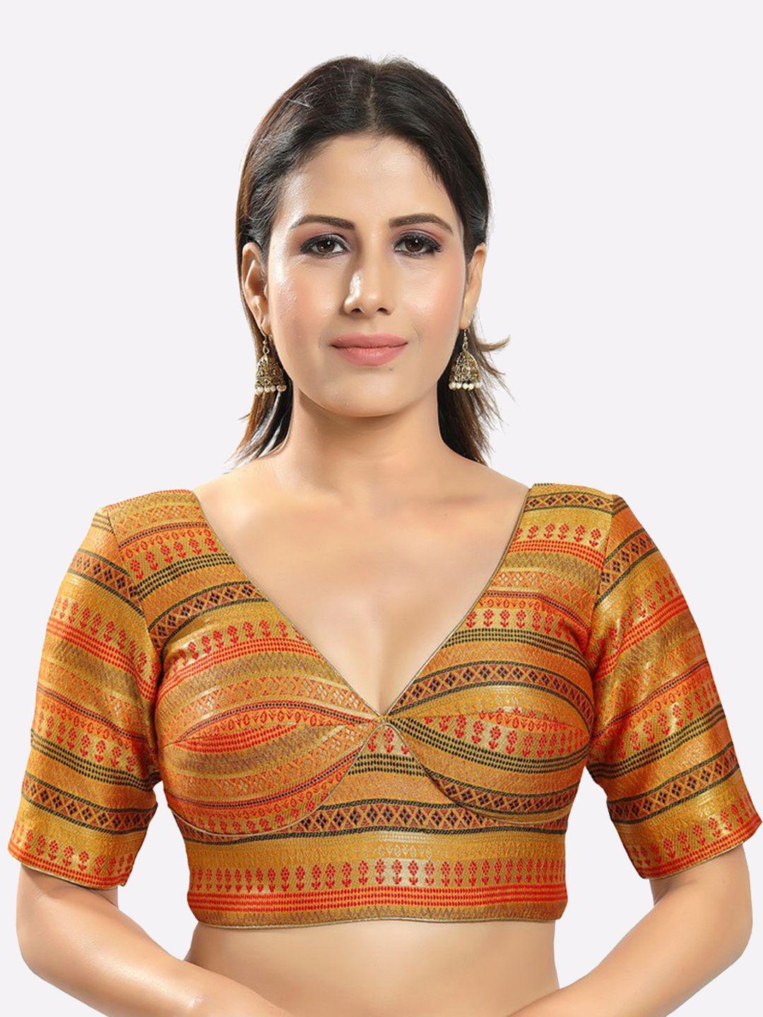 salwar studio women mustard & red brocade printed readymade saree blouse