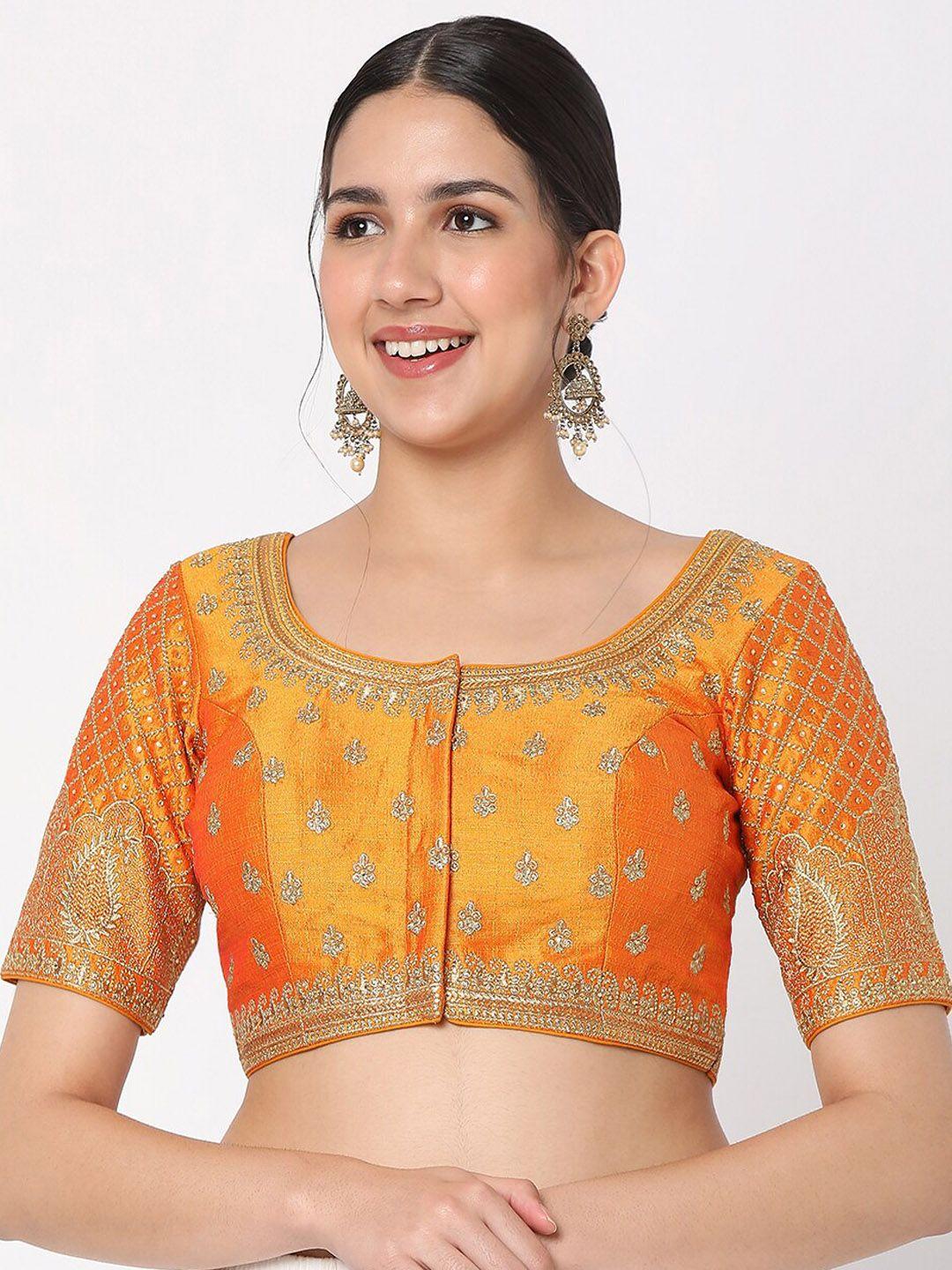 salwar studio women mustard embroidered silk saree blouse