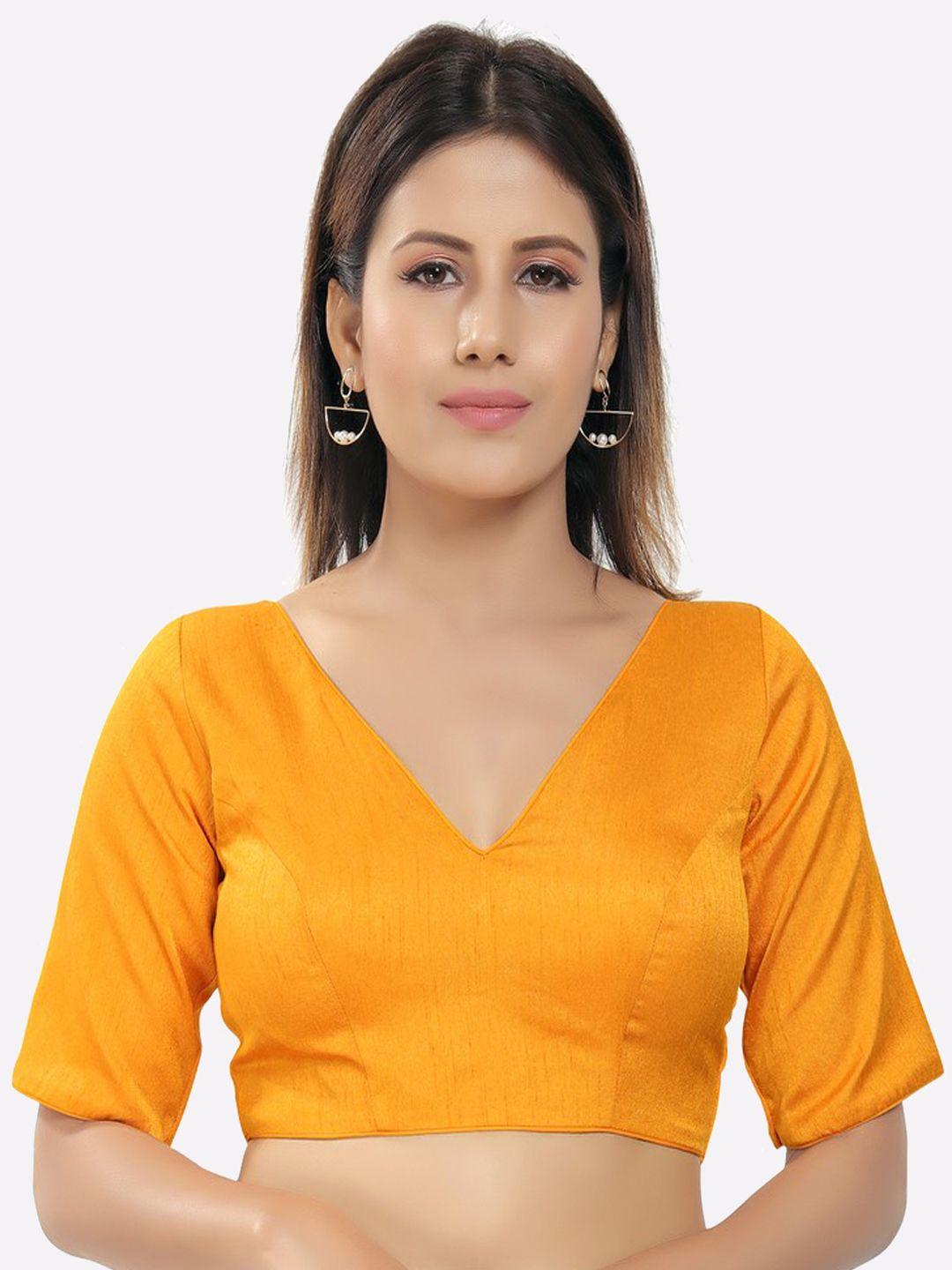 salwar studio women mustard yellow-coloured solid saree blouse