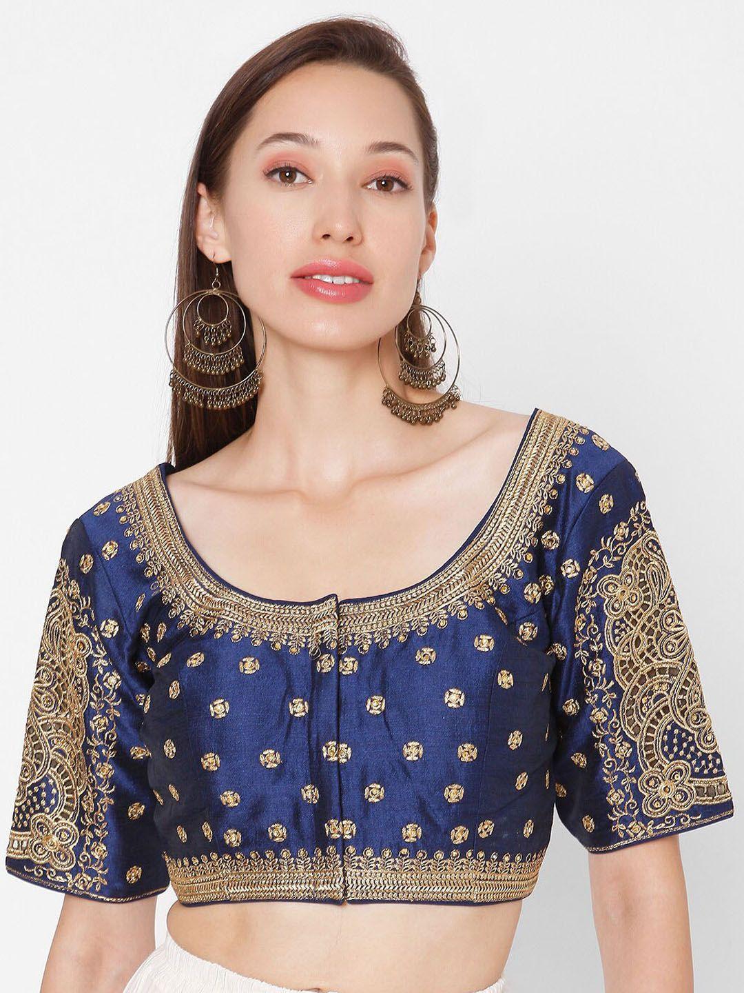 salwar studio women navy blue & gold-coloured embroidered saree blouse