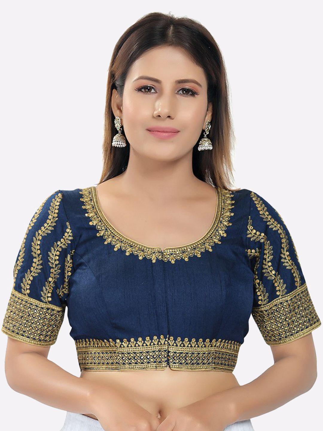 salwar studio women navy blue & golden silk embroidered saree blouse