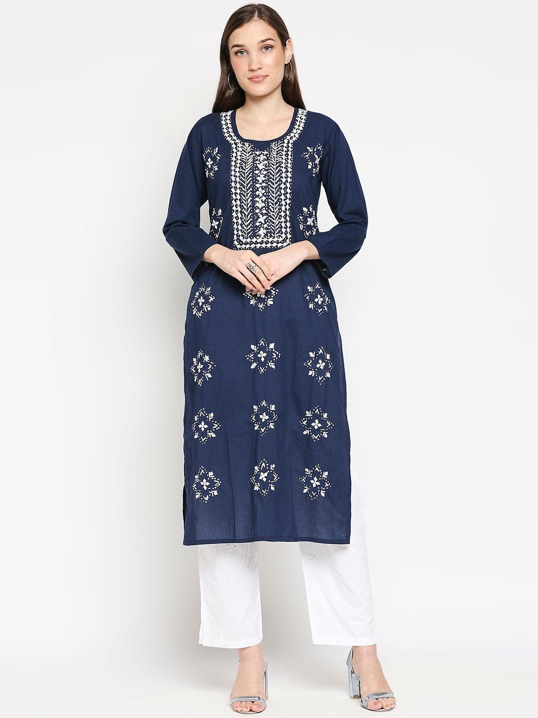 salwar studio women navy blue embroidered pure cotton kurta with trousers