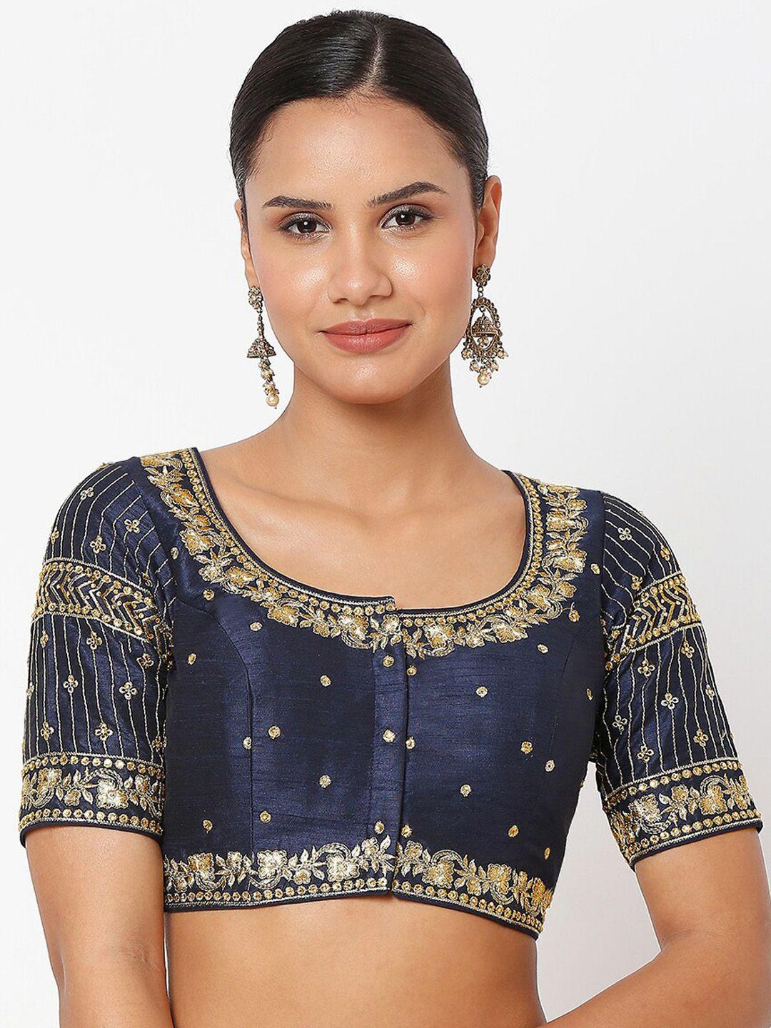 salwar studio women navy blue embroidered readymade saree blouse