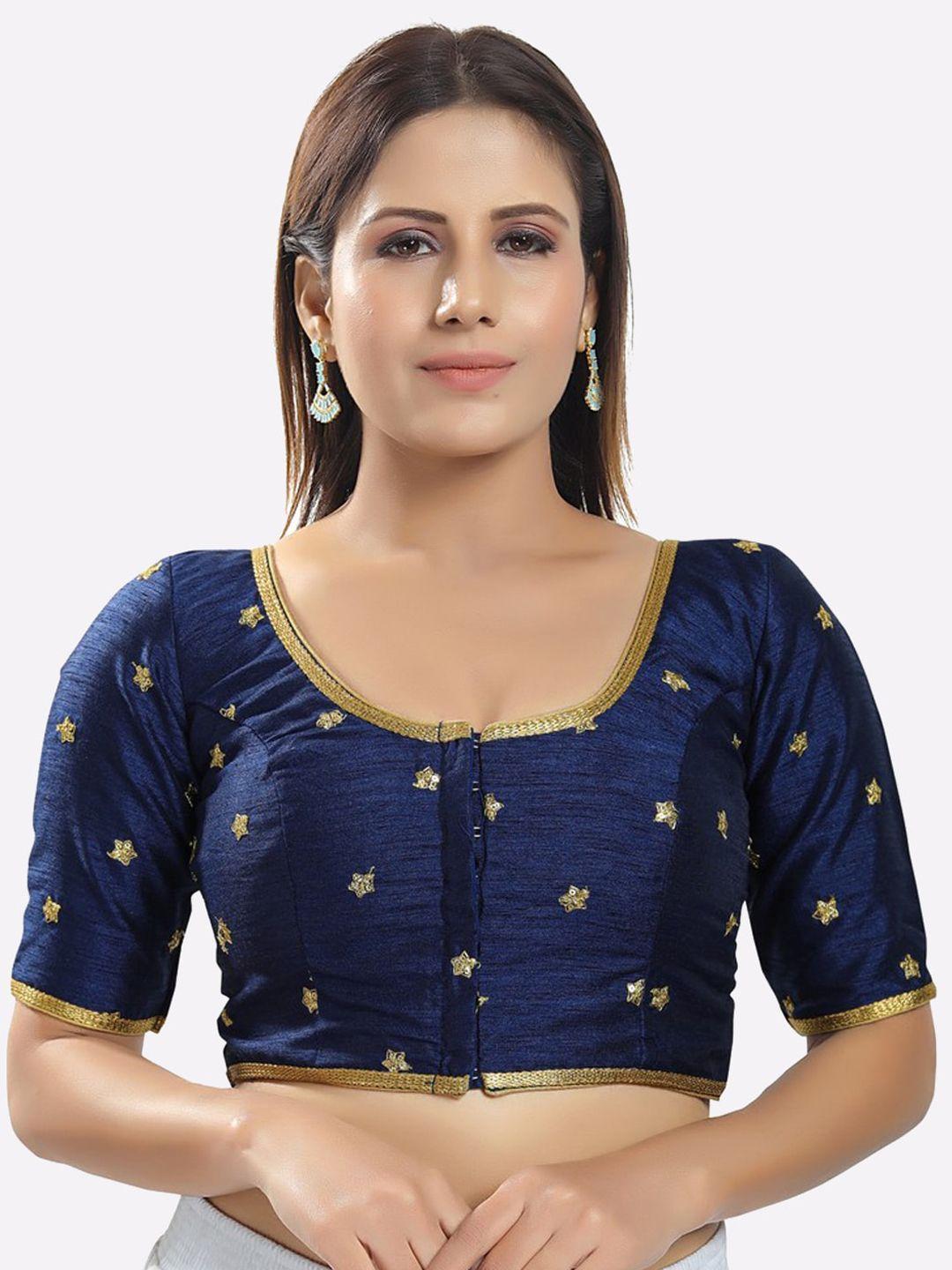 salwar studio women navy blue gold-toned embroidered saree blouse