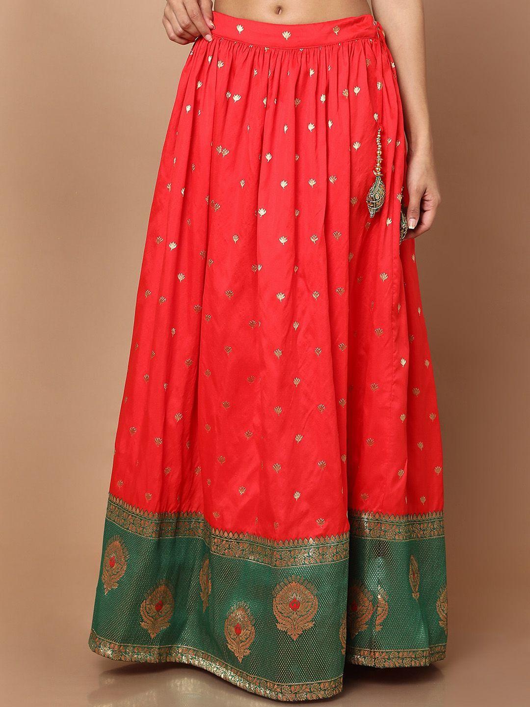 salwar studio women red brocade printed flared skirt