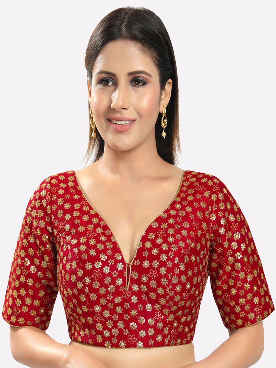 salwar studio women red embroidered mulberry silk saree blouse