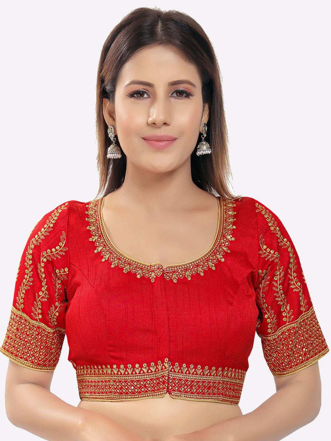 salwar studio women red embroidered ready made saree blouse