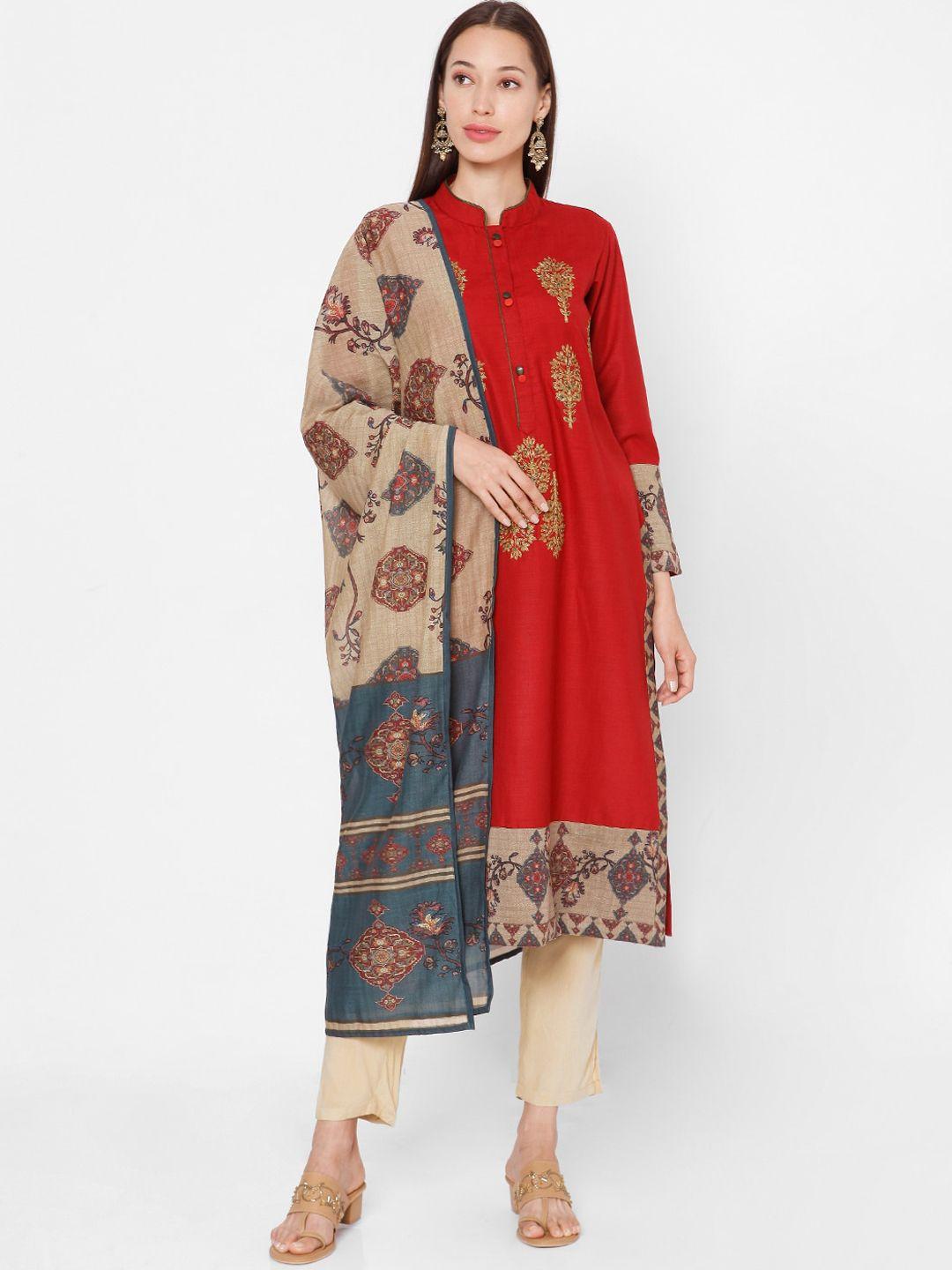 salwar studio women red ethnic motifs embroidered regular pure cotton kurta with trousers & with dupatta
