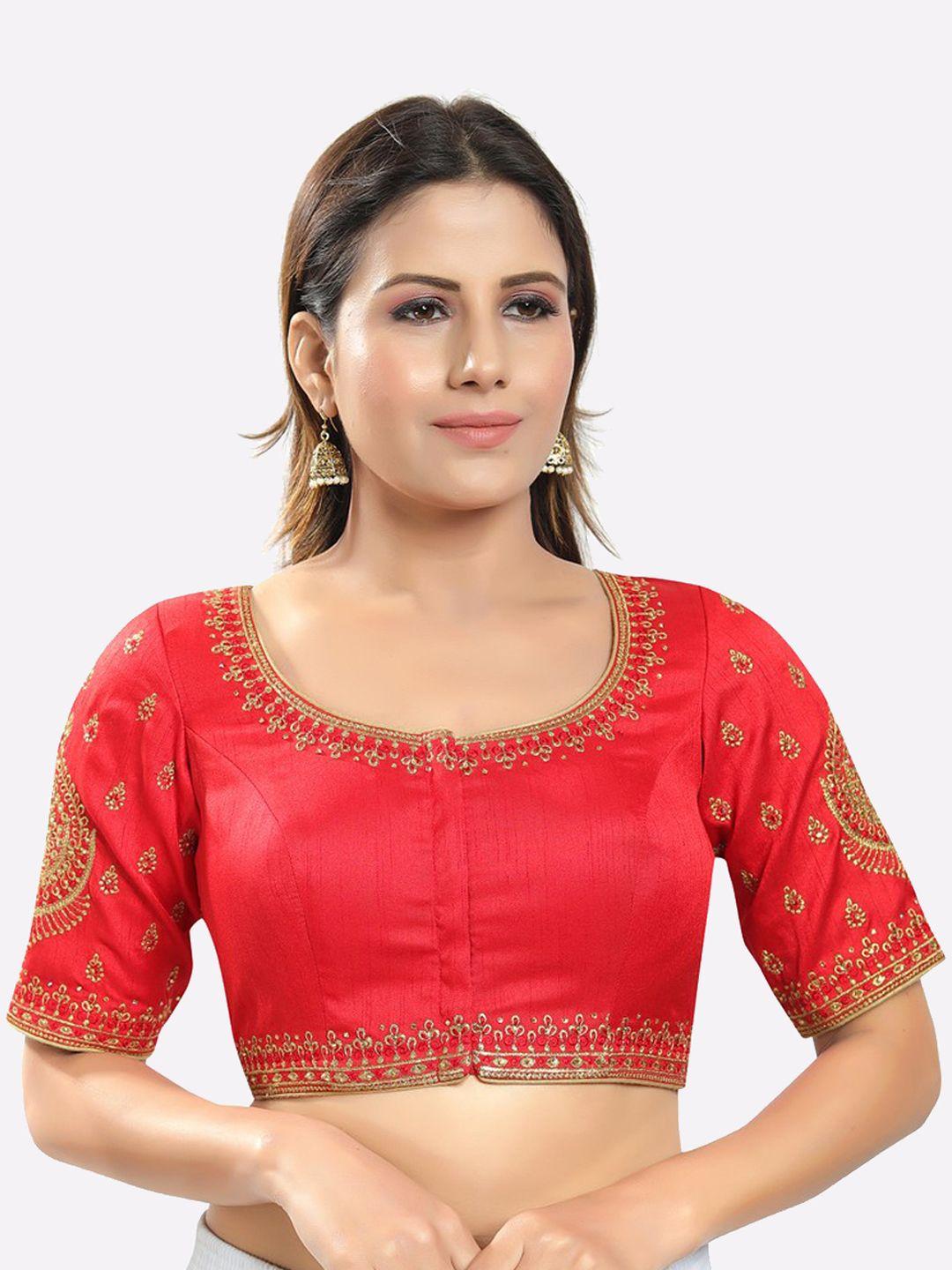 salwar studio women red silk embroidered readymade saree blouse