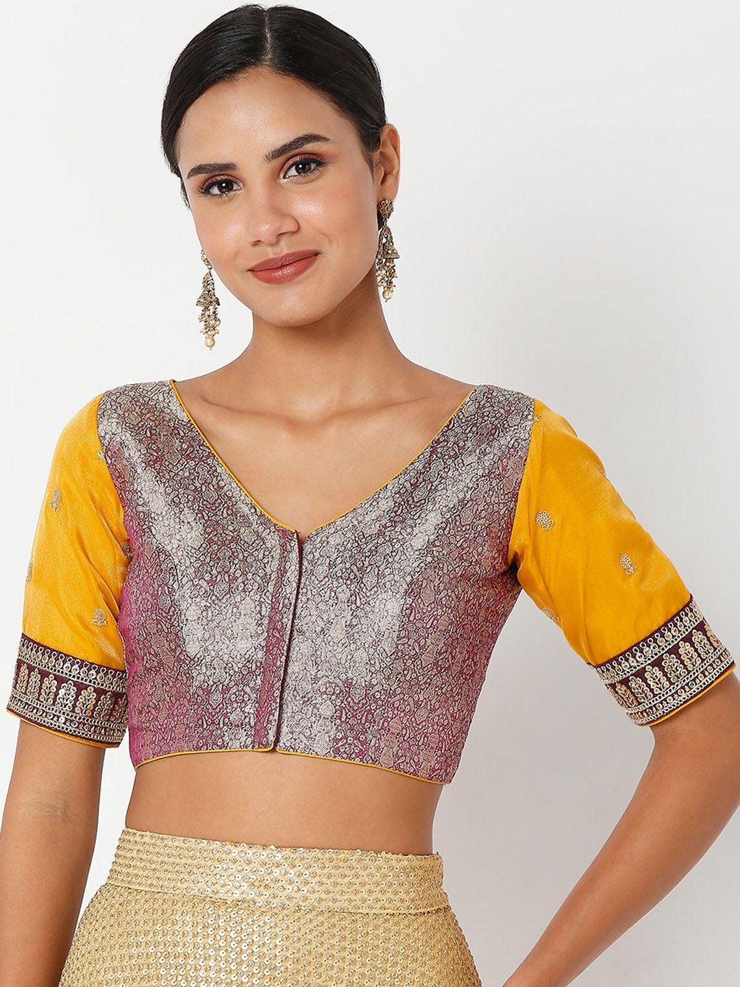 salwar studio women yellow & burgundy embroidered saree blouse