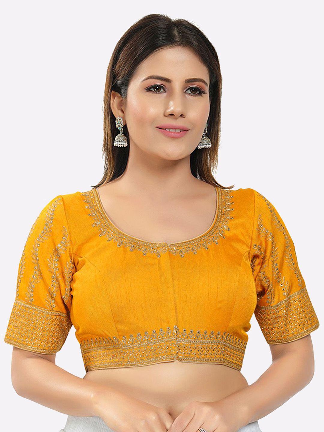 salwar studio women yellow & gold-coloured embroidered silk blouse