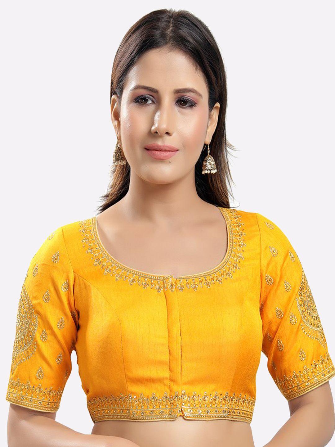 salwar studio women yellow & golden embroidered readymade saree blouse