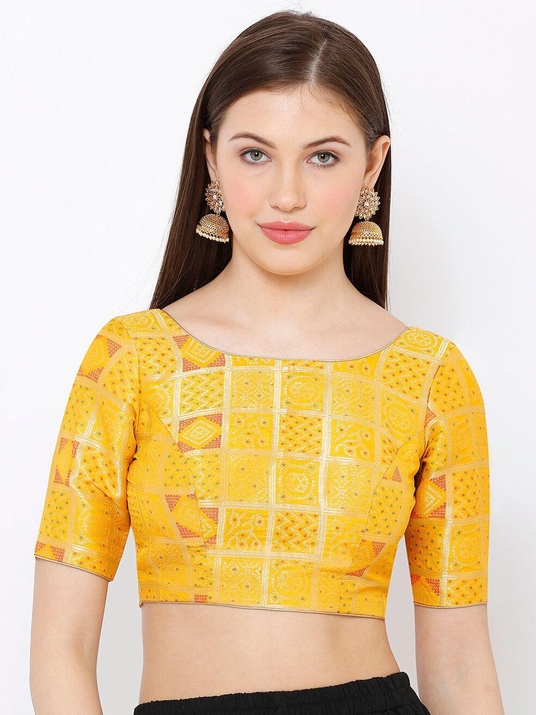 salwar studio women yellow woven design readymade saree blouse