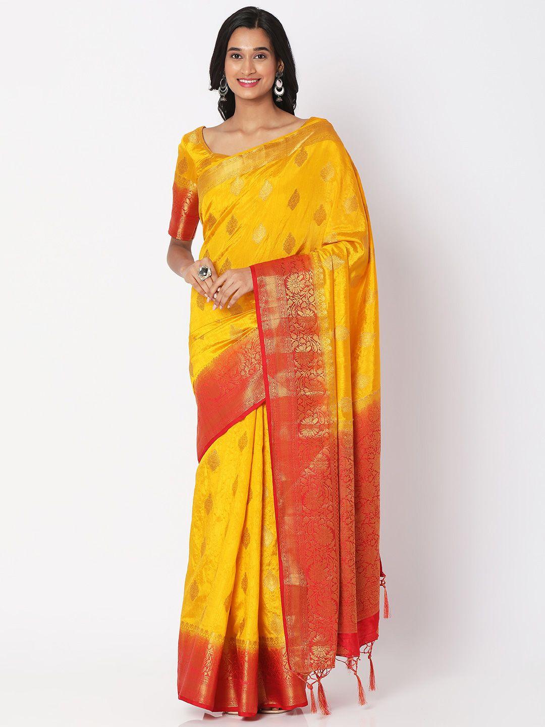 salwar studio yellow & red ethnic motifs zari art silk block print saree