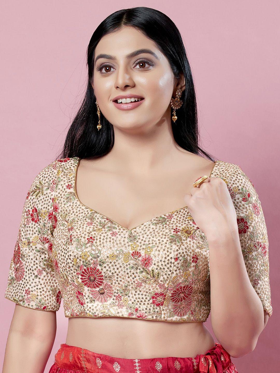 salwar studio zari embroidered sweetheart neck sequined tie up silk saree blouse