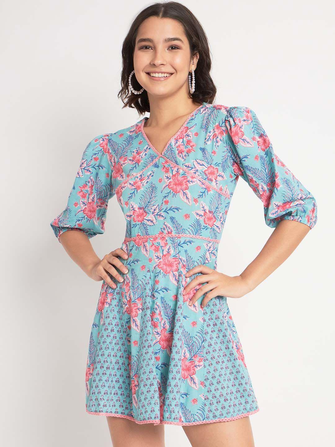 salwat floral printed puff sleeves v-neck cotton fit & flare mini dress