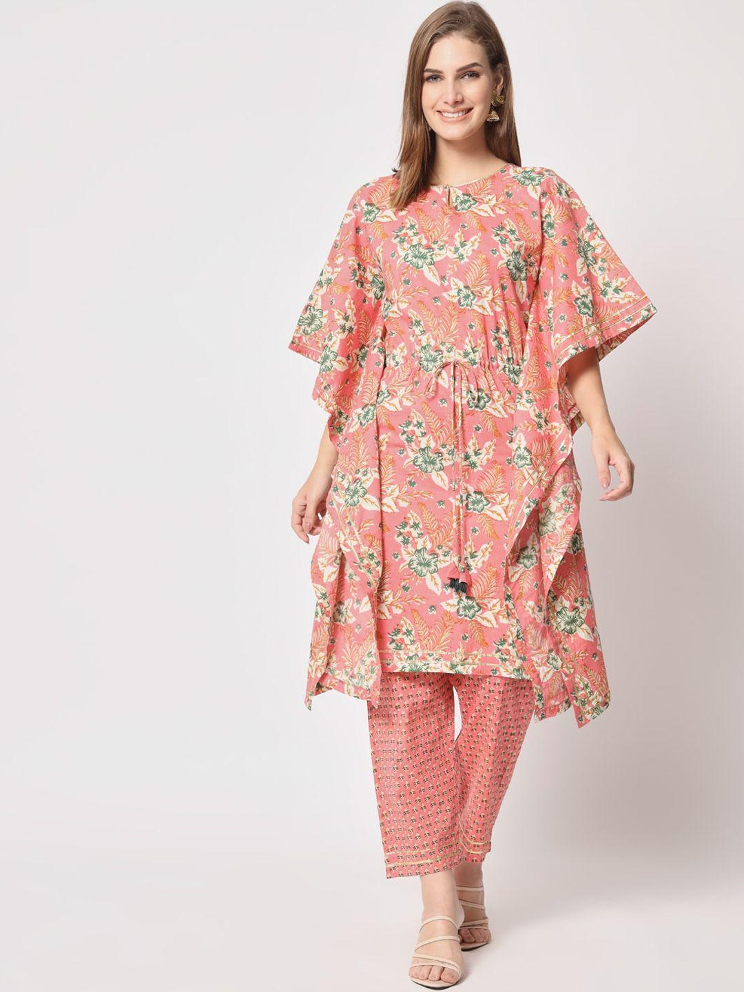 salwat notch neck floral printed extended sleeves gotta patti cotton kaftan kurta