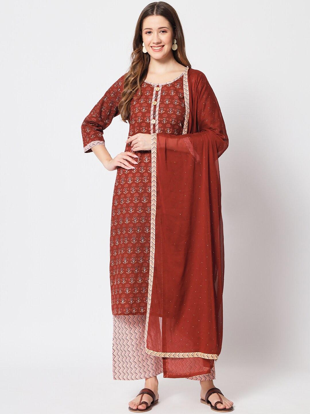 salwat women ethnic motifs printed regular thread work kurta with trousers & with dupatta