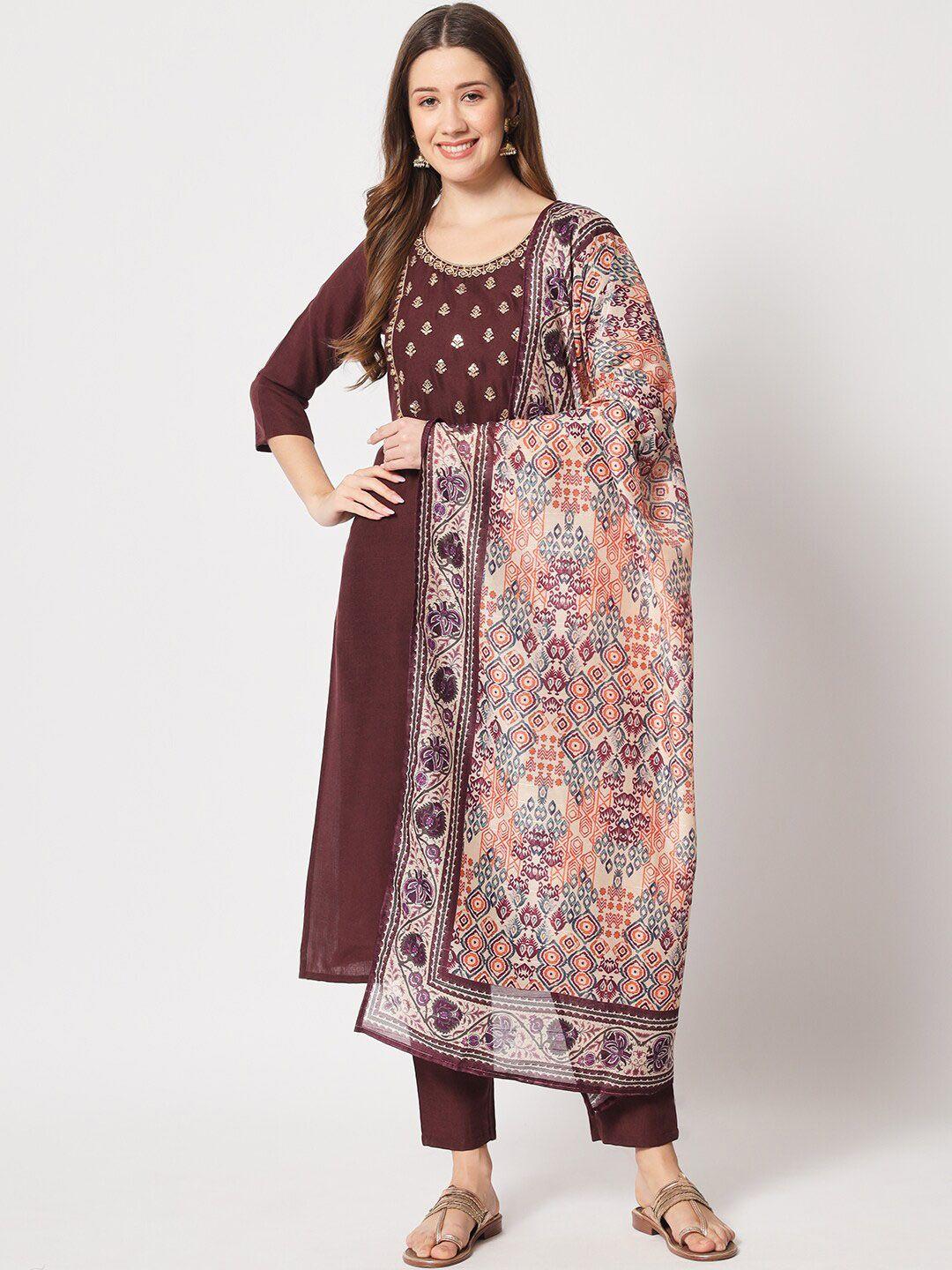 salwat women ethnic motifs printed regular thread work kurta with trousers & with dupatta