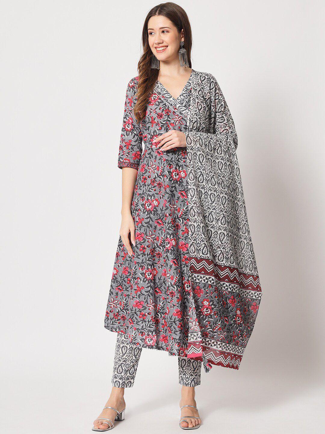 salwat women floral printed angrakha kurta with trousers & with dupatta