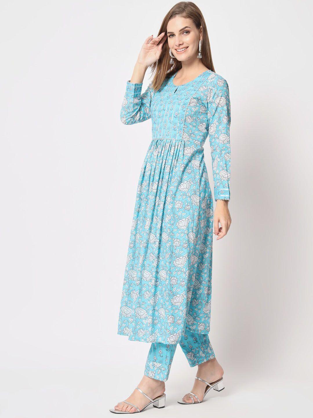 salwat women floral printed pleated kurta with trousers