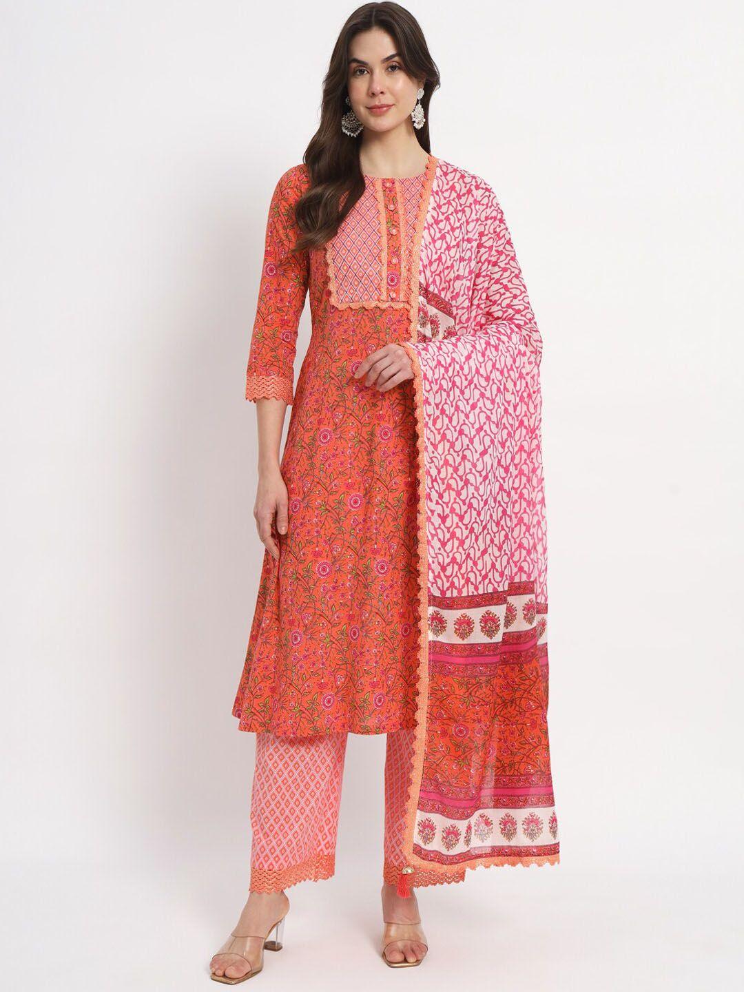 salwat women floral printed regular patchwork kurta with trousers & with dupatta