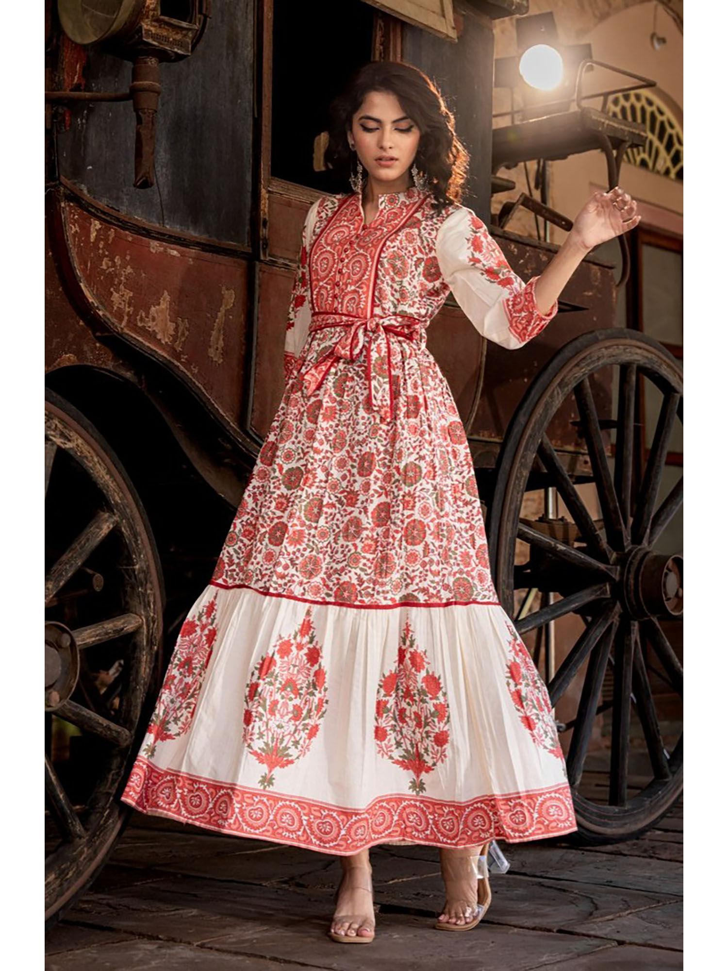 sam anokhi crimson print cotton dress & belt (set of 2)