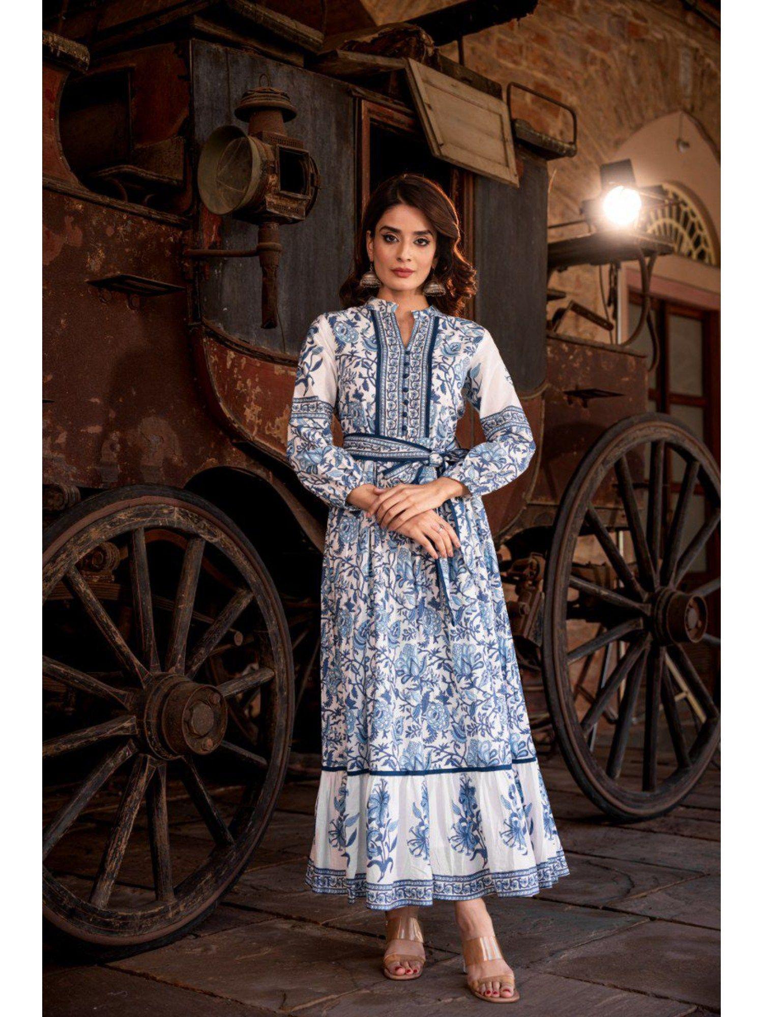 sam anokhi navy print cotton dress & belt (set of 2)