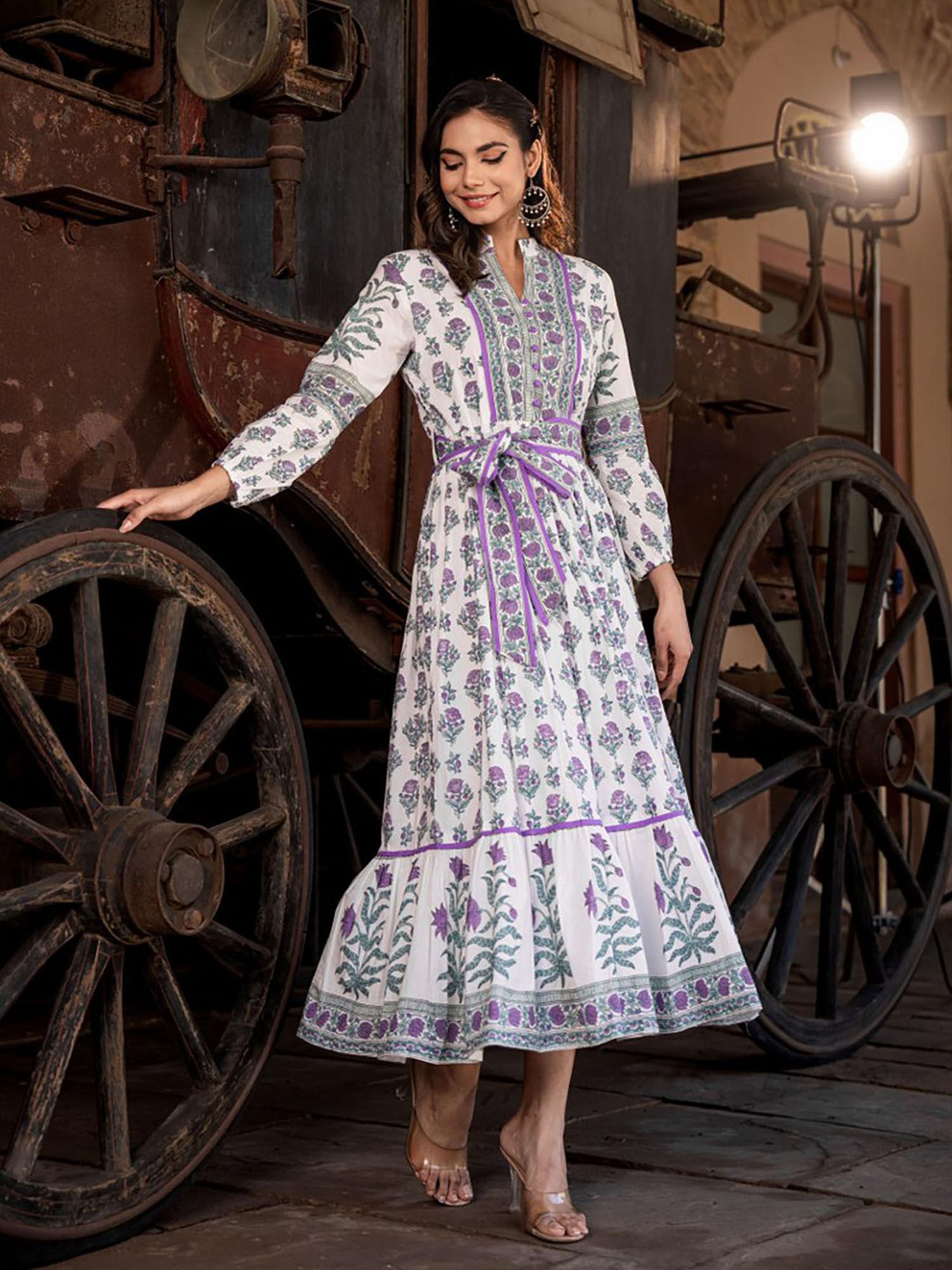 sam anokhi purple printed cotton dress & belt (set of 2)