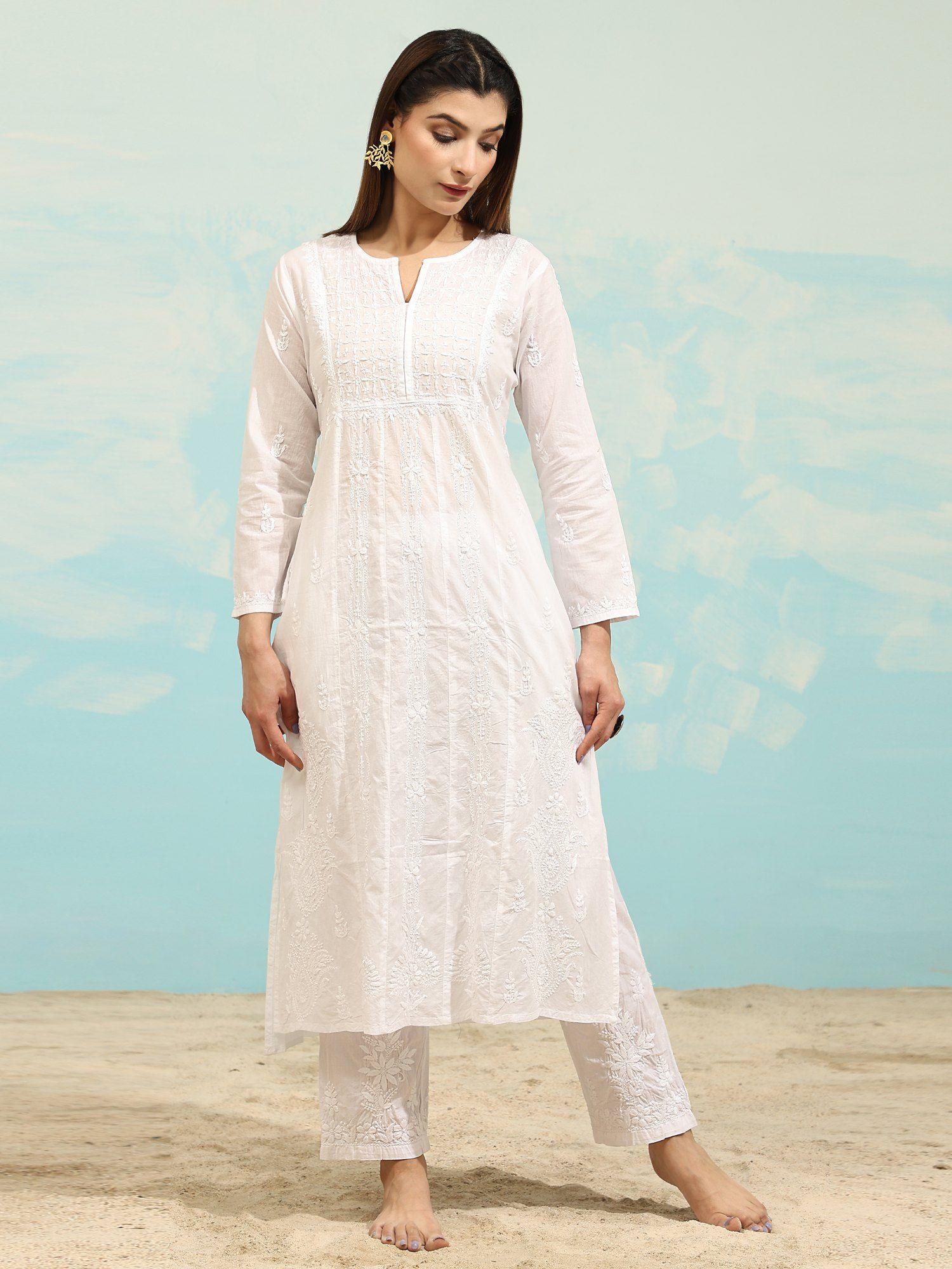 samma chikankari long kurta cotton for women white