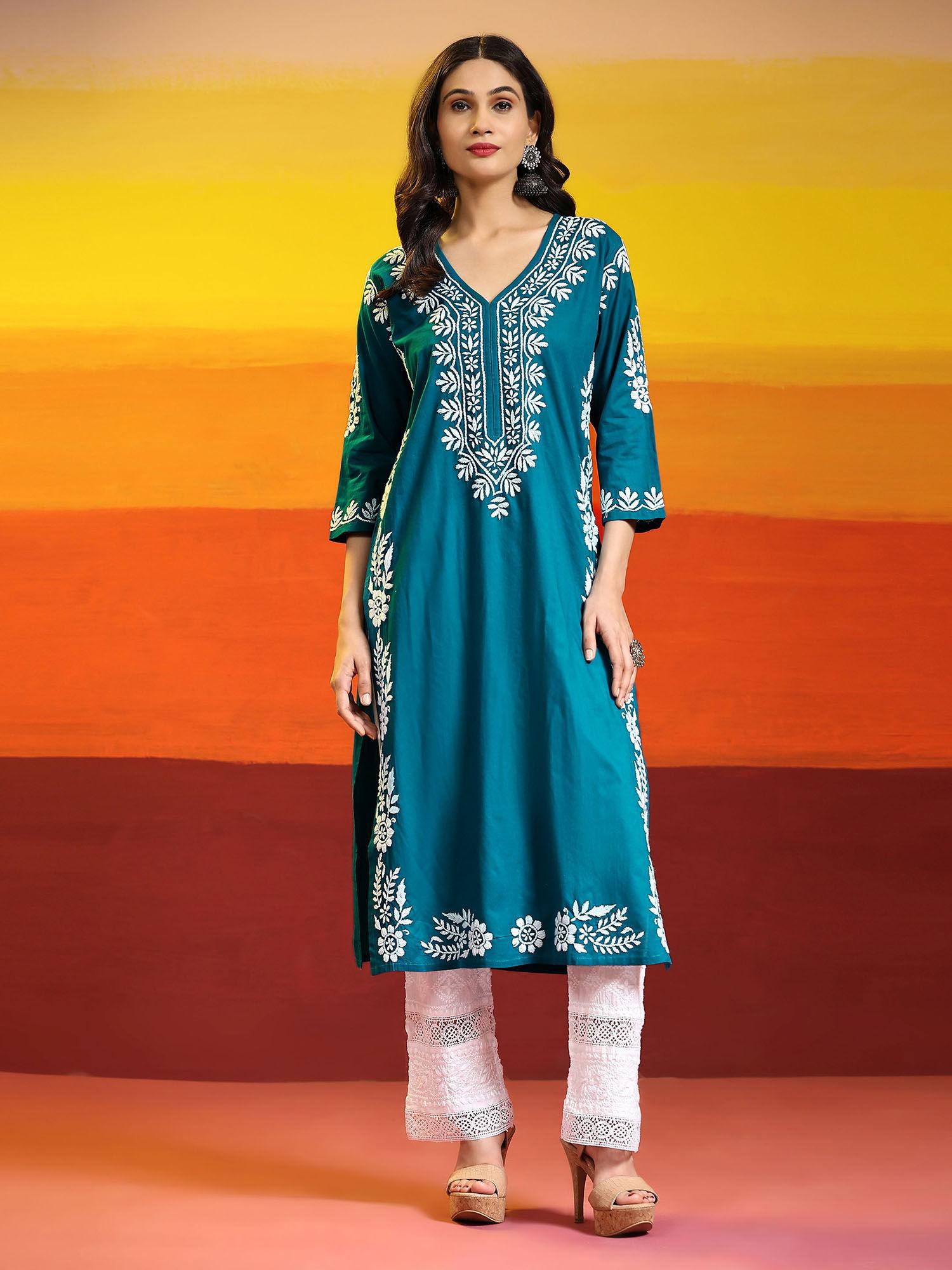 samma chikankari long kurta in cotton for women teal