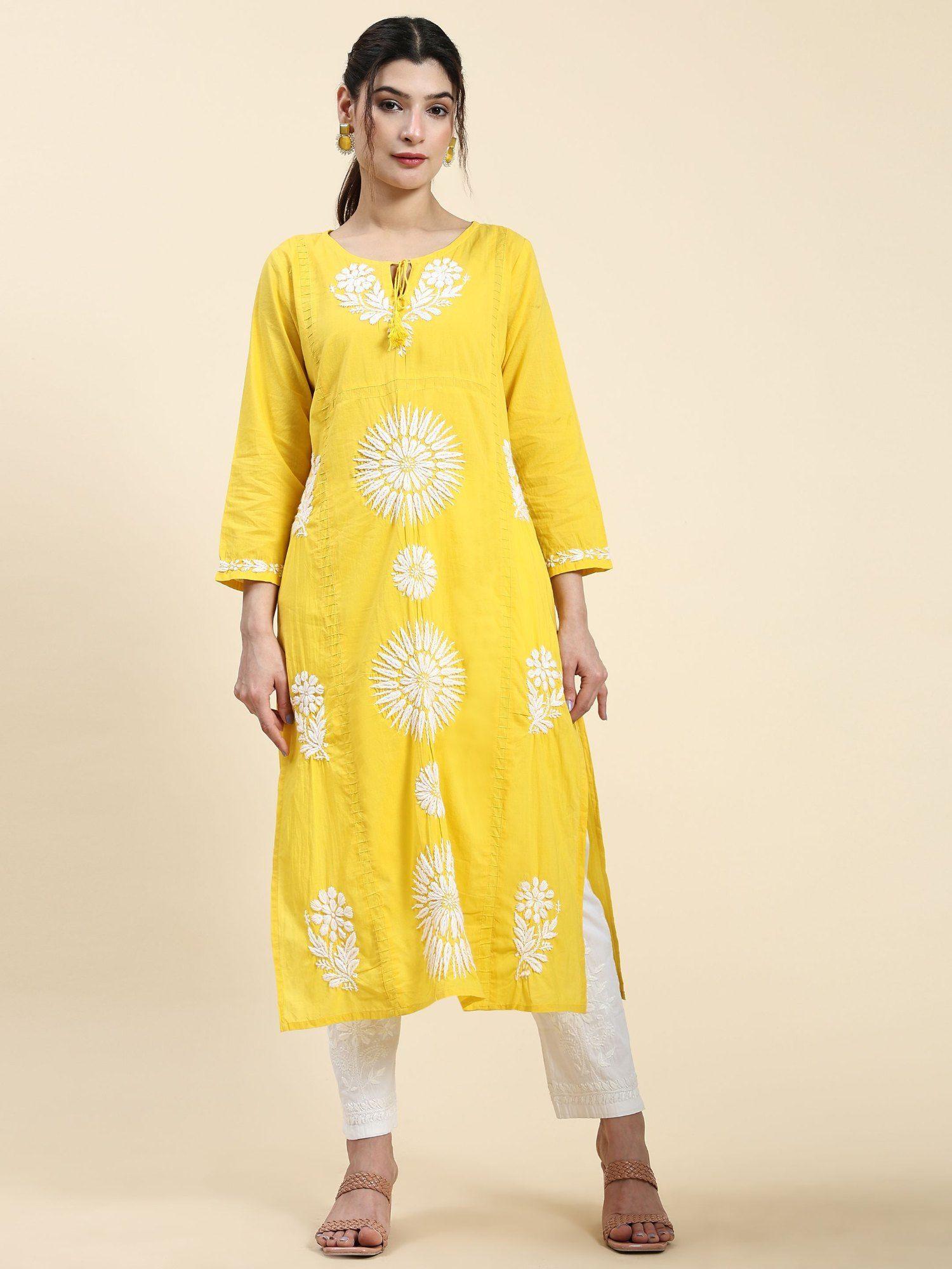 samma chikankari long kurta in cotton for women yellow