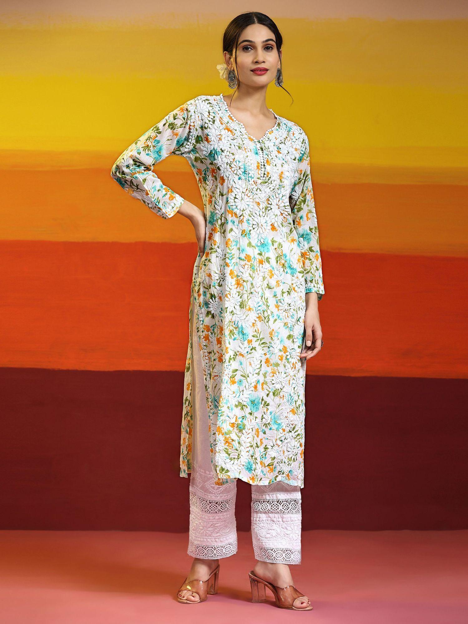 samma chikankari long kurta in mul cotton for women-multi-color