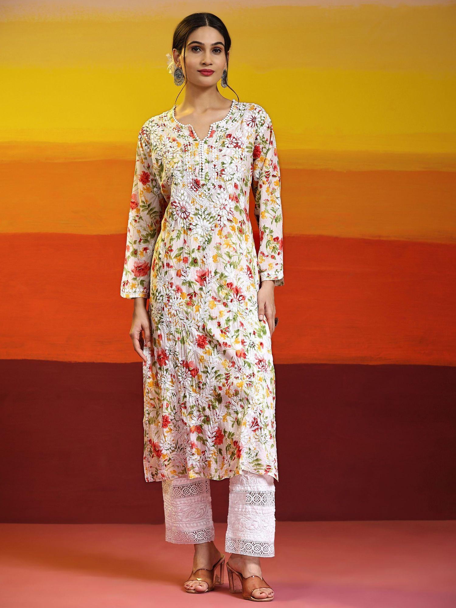 samma chikankari long kurta in mul cotton for women-multi-color