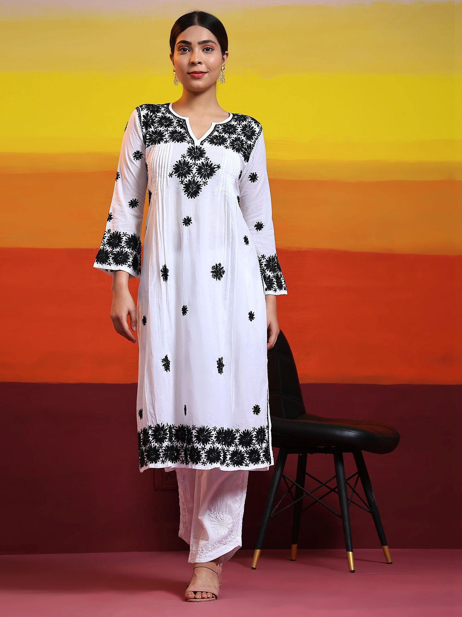 samma chikankari long kurta in rayon cotton for women white & black