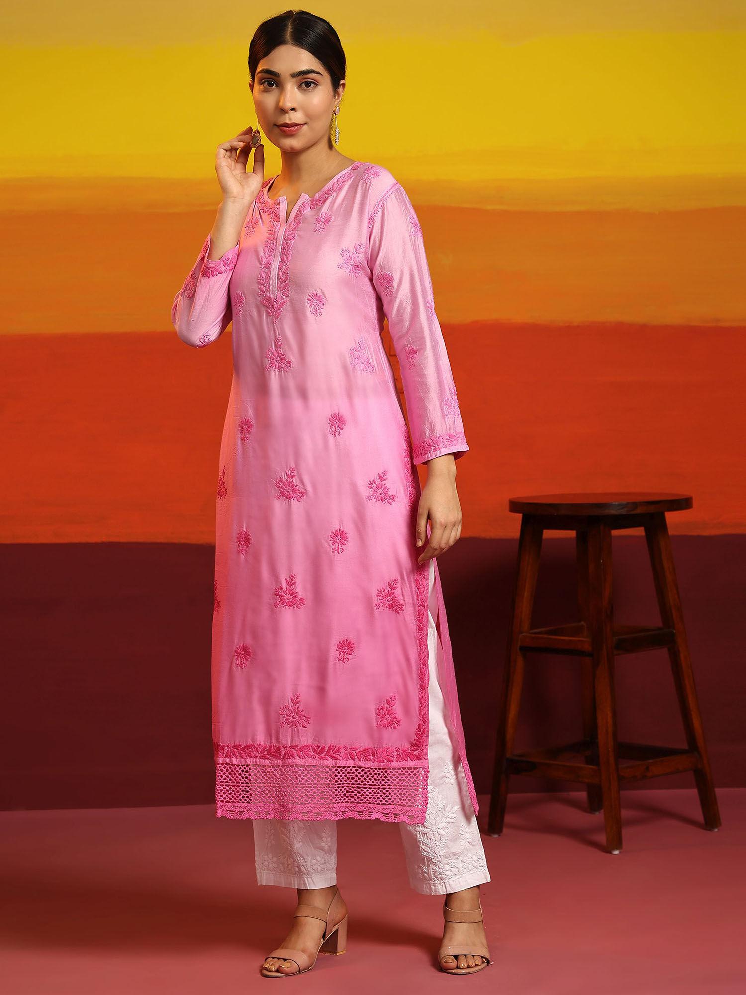 samma chikankari long kurta notch neck in chanderi silk for women-pink