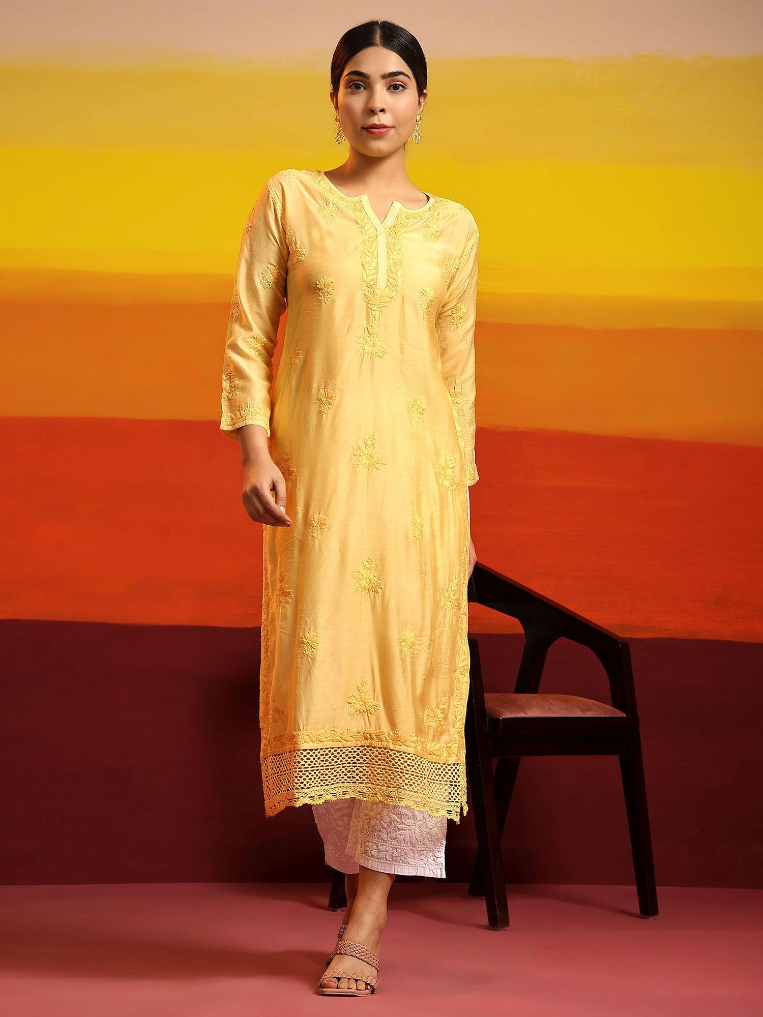 samma chikankari long kurta notch neck in chanderi silk for women-yellow