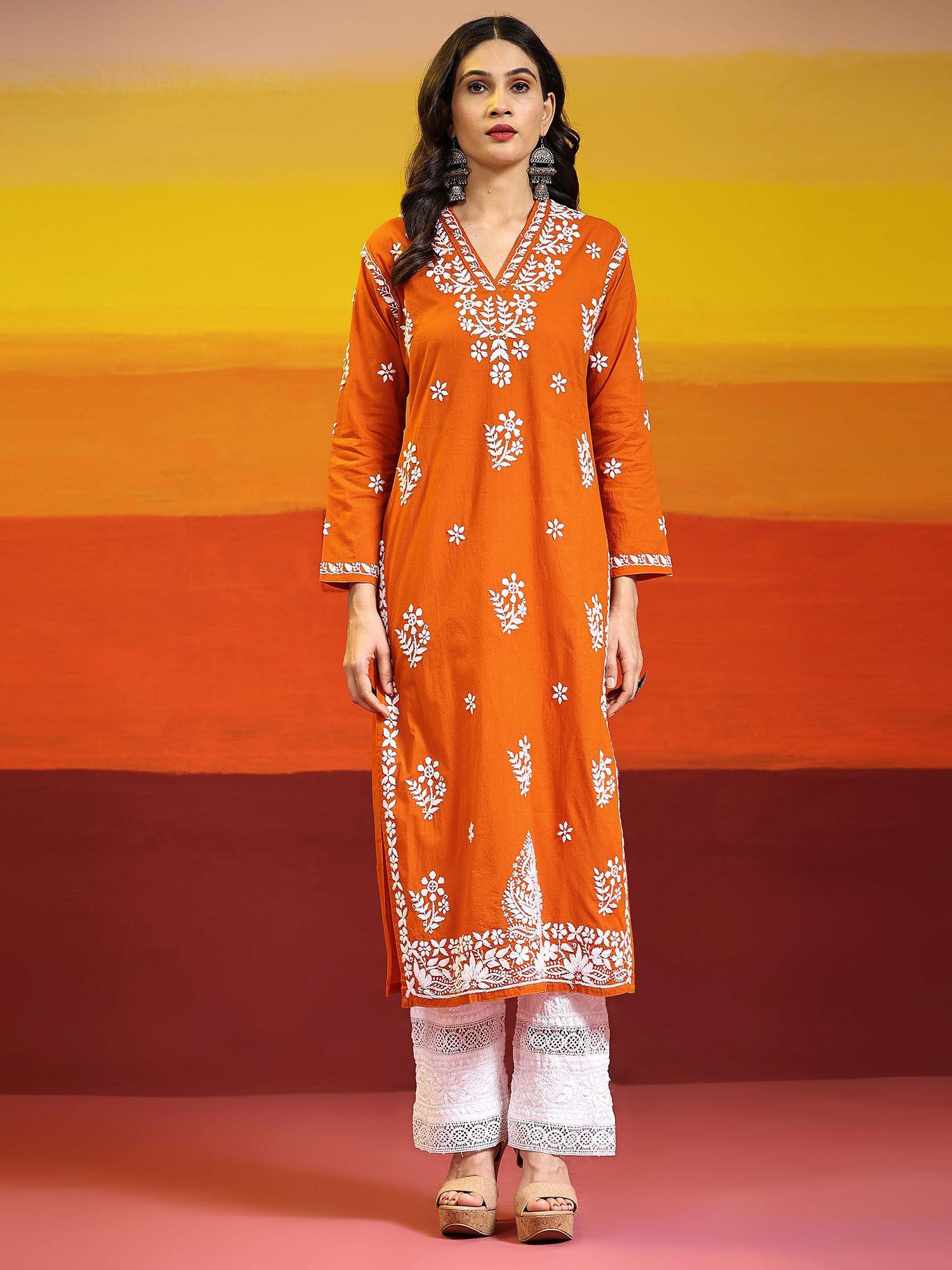 samma long kurta in cotton for women orange