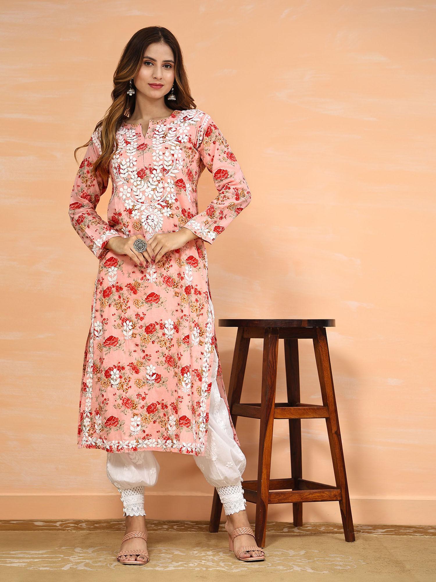 samma mul printed hand embroidery chikankari kurta pink