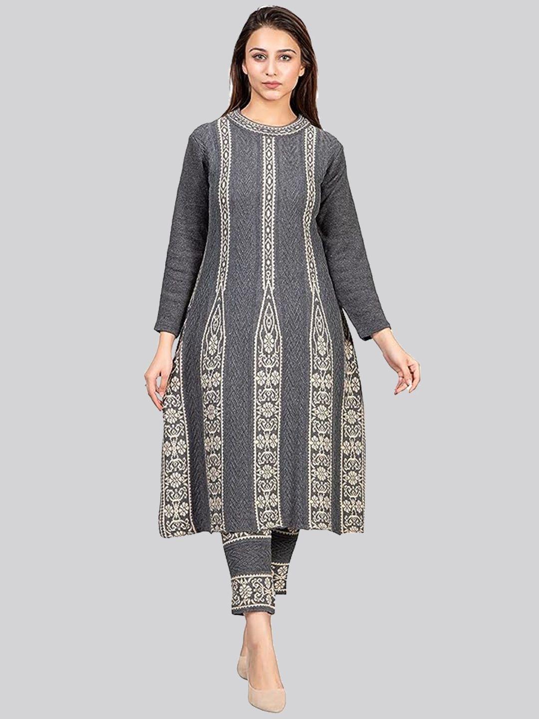 sammyco round neck ethnic motifs woven design regular pure wool kurta with trousers