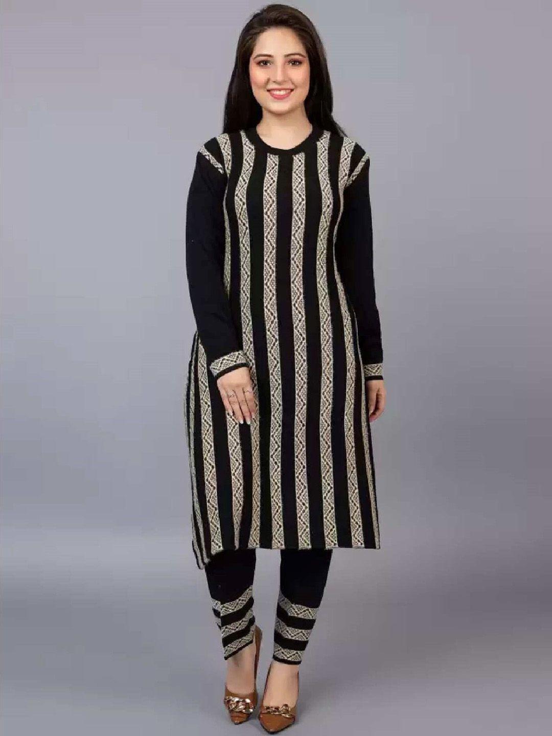 sammyco round neck striped woven design regular pure wool kurta with trousers