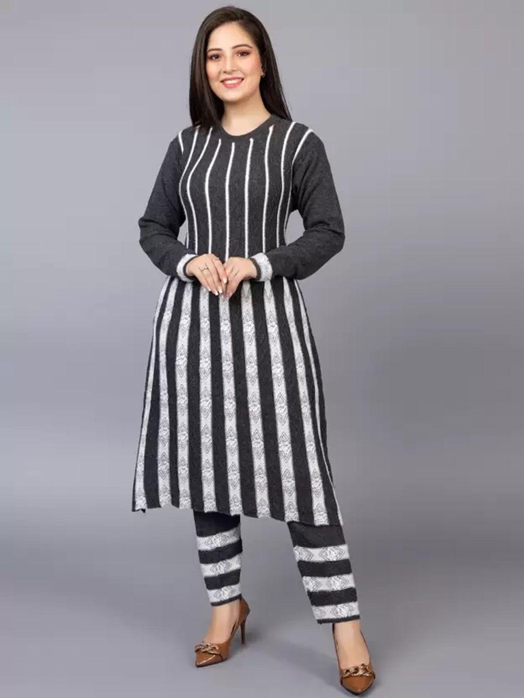 sammyco round neck striped woven design regular pure wool kurta with trousers