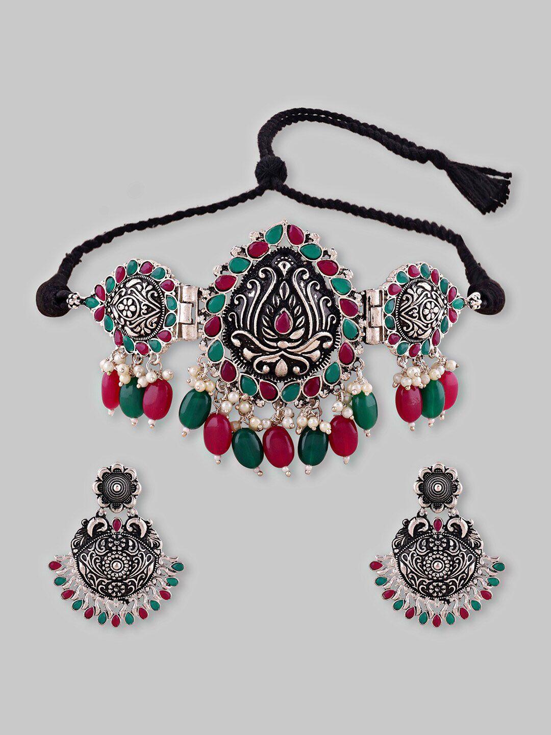 samridhi dc silver-plated stone studded & pearl beaded jewellery set