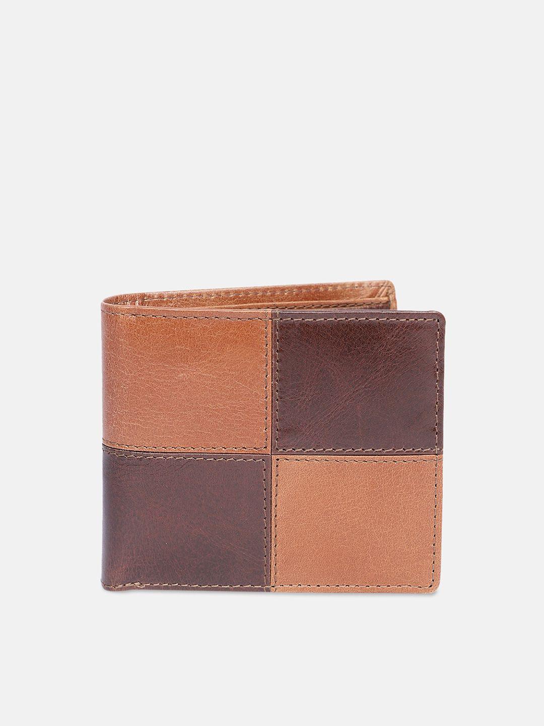samtroh men brown & camel brown checked leather two fold wallet