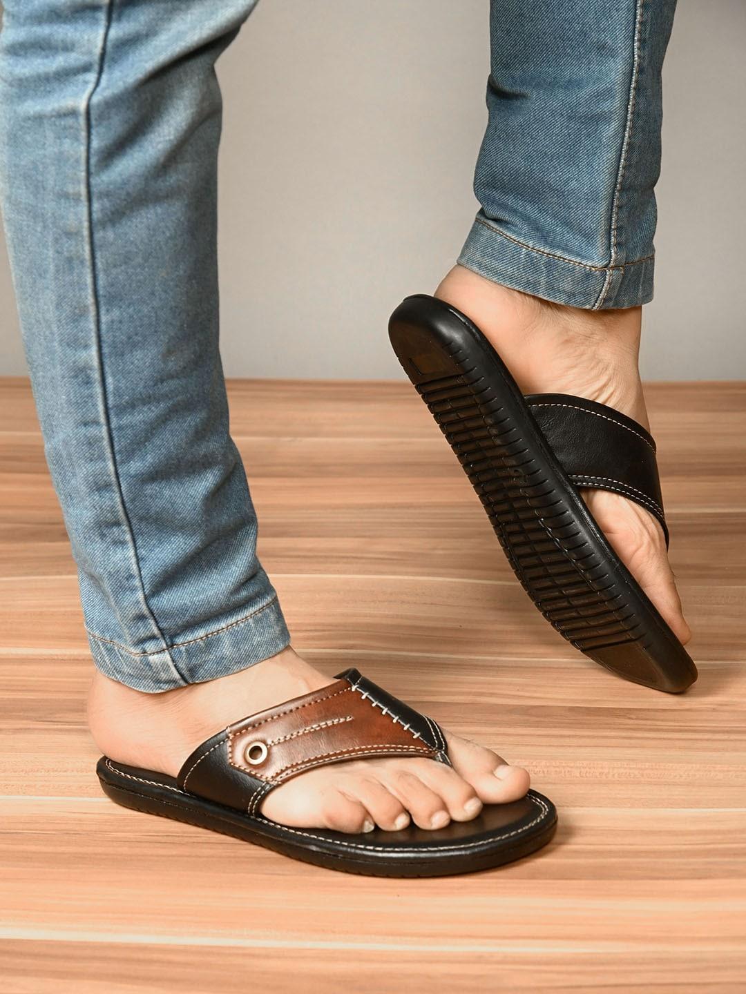 san frissco men black & brown colourblocked comfort sandals