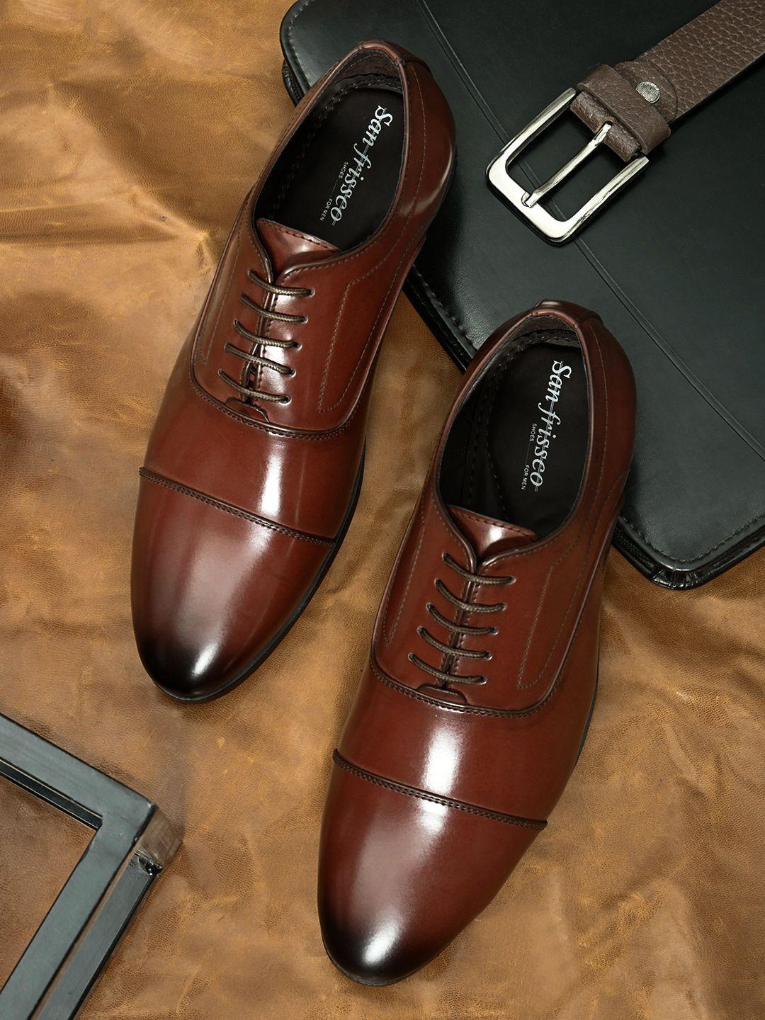 san frissco men maroon solid leather formal oxfords shoes